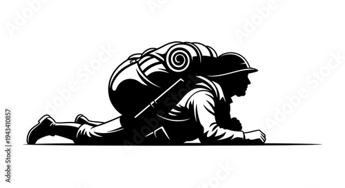 Silhouette of a soldier crawling with a large backpack, historical war illustration