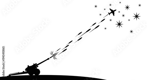 Silhouette of Anti-Aircraft Gun Firing at Airplane Amidst Stars