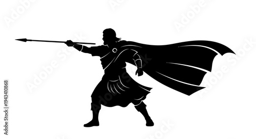 Silhouette of a Warrior with Spear and Flowing Cape in Dynamic Pose