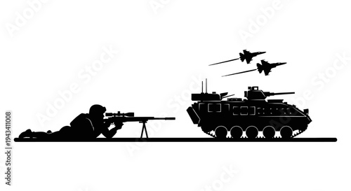 Silhouette of soldier with sniper rifle, armored vehicle, and fighter jets in action