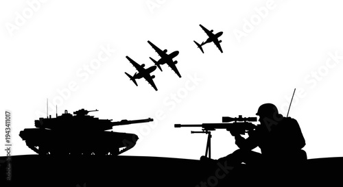 Silhouette of Soldier with Sniper Rifle, Tank, and Fighter Jets in Combat Scenario