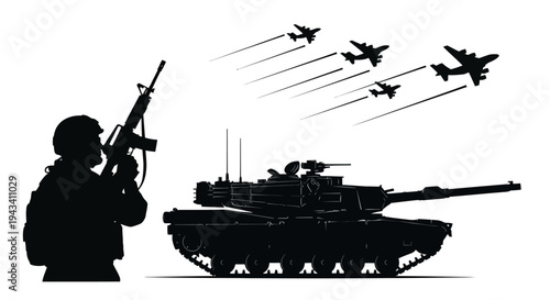 Silhouette of Soldier, Tank, and Fighter Jets in Formation