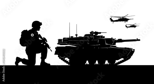 Silhouette of Soldier, Tank, and Helicopters in Black and White