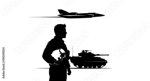 Silhouette of Soldier, Tank, and Fighter Jet - Military Power and Defense Concept