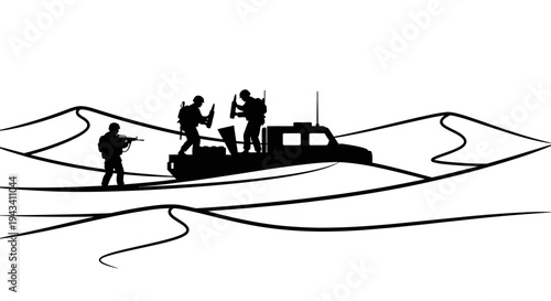 Silhouette of soldiers and military vehicle in desert dunes at dawn