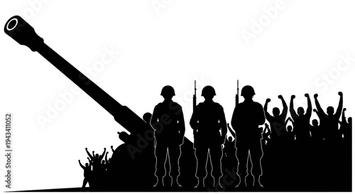 Silhouette of Soldiers and Artillery Gun with Cheering Crowd, Military Power and Victory Concept