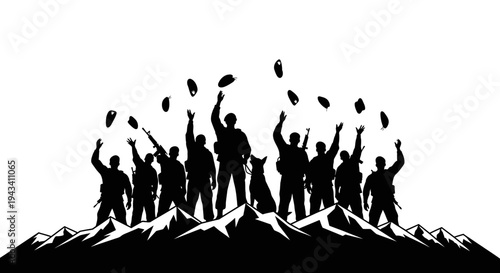 Silhouette of soldiers celebrating victory on mountain top, throwing hats in the air