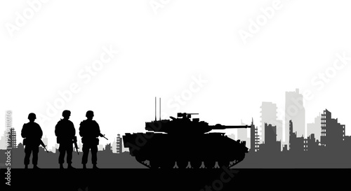 Silhouette of Soldiers and Tank in Ruined Cityscape
