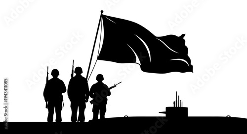 Silhouette of soldiers raising flag near submarine, symbolizing victory and military power