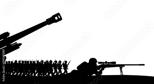 Silhouette of soldiers marching with sniper and artillery gun against white background