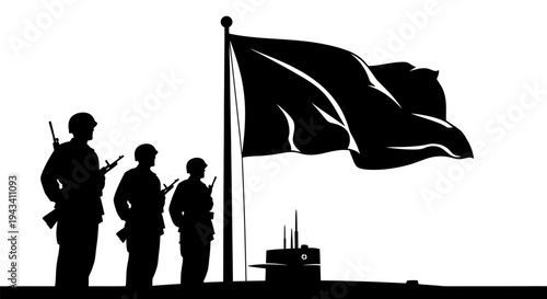 Silhouette of Soldiers Standing Guard Under a Waving Flag