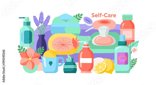 Self-Care Wellness Illustration with Skincare, Lavender, and Beauty Products
