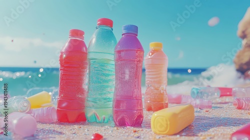 Colorful plastic bottles and containers littering the sandy shore of a beautiful beach with vibrant ocean backdrop.
