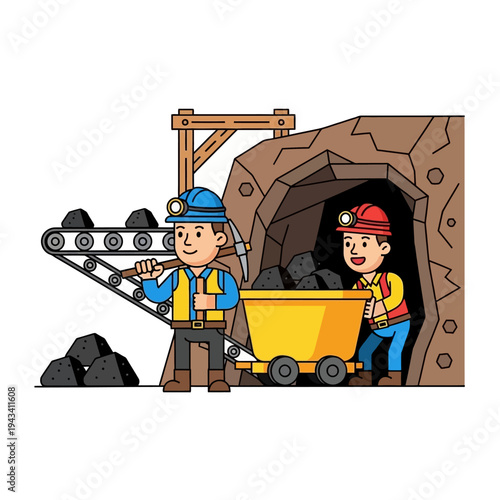 Miners working in coal mine with cart and conveyor belt, extracting black coal