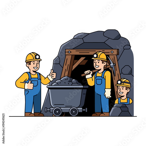 Miners working in coal mine with cart, pickaxe, and helmets
