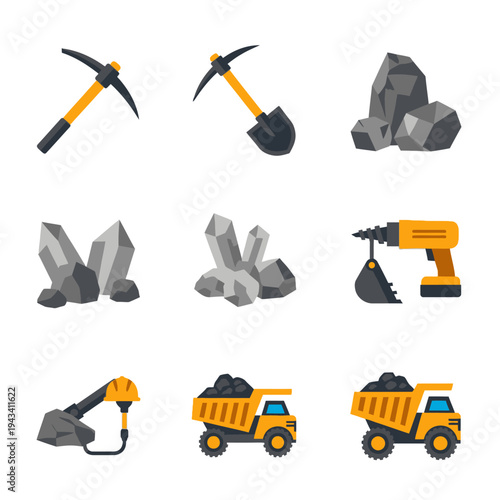 Mining Equipment and Resources Icons: Pickaxe, Shovel, Rocks, Drill, Truck