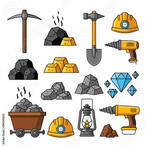 Mining Equipment and Resources: Pickaxe, Shovel, Gold, Diamonds, Coal, Helmets, Drills