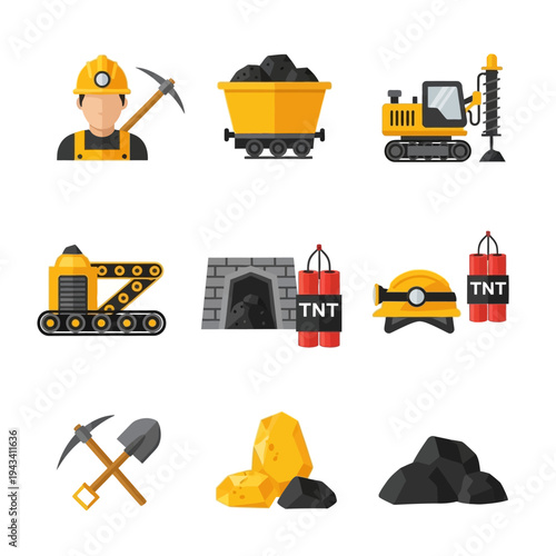 Mining equipment and resources: miner, coal, gold, dynamite, drill, conveyor, cart