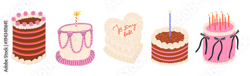 Set of vector illustrations – decorated birthday cakes with cream and candles. Ideal for greeting cards, invitations, party supplies, social media posts, printable crafts, website headers etc,