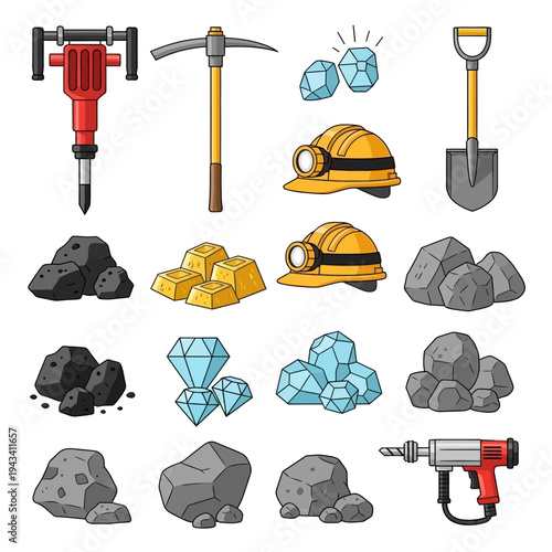 Mining Tools, Gold, Diamonds, Rocks and Equipment - Flat Design Icons