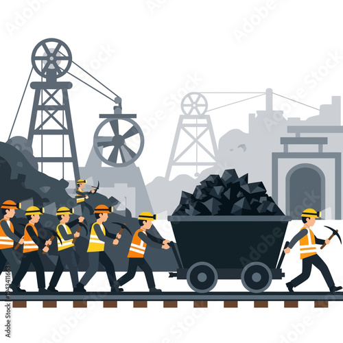 Coal miners pushing cart with coal at mine with industrial equipment and towers