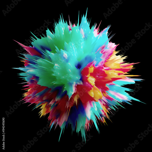 Vibrant Colorful Abstract Burst Explosion 3D Digital Art Multicolor Spiky Paint Splash On Black