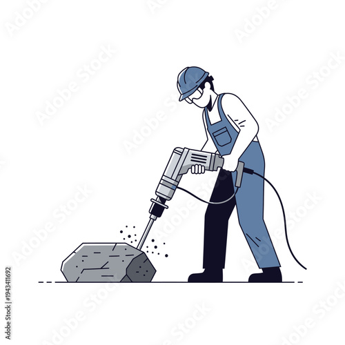 Construction worker using a jackhammer to break a large rock on a white background