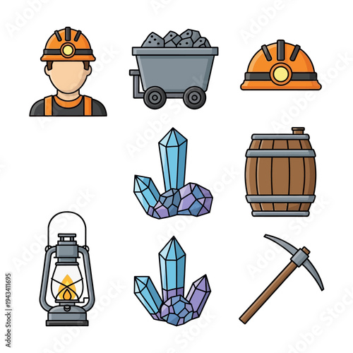 Miner Tools and Resources: Helmet, Cart, Crystals, Lantern, Pickaxe, Barrel