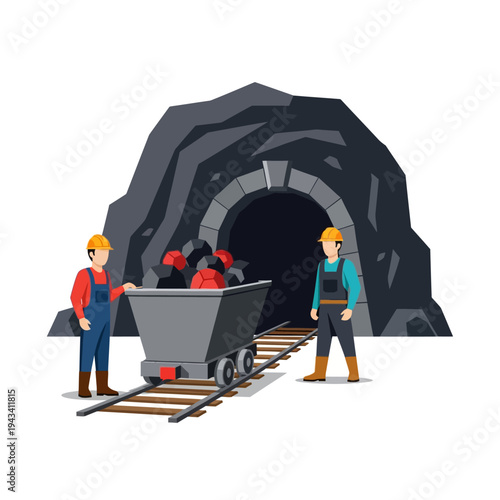 Miners with coal cart at mine entrance, underground mining, industry, teamwork, hard work