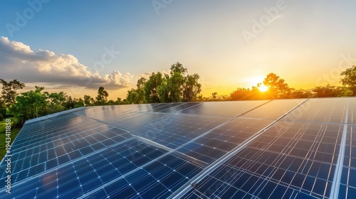 Expansive Solar Panel Array Under a Radiant Twilight Sky, Showcasing Renewable Energy Technology.