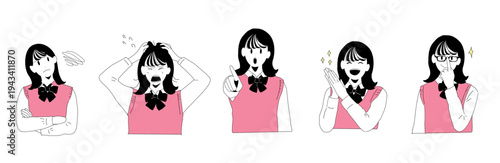 女子高生の様々な表情と仕草のイラストセット　喜怒哀楽とリアクション　手書き素材