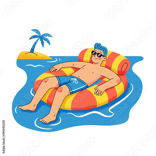 Man relaxing on inflatable ring in tropical ocean, summer vacation, island background