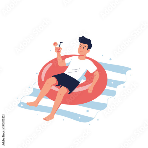 Man Relaxing on Inflatable Ring with Drink in Swimming Pool, Summer Vacation