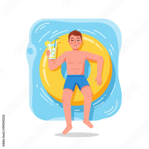 Man relaxing on inflatable ring with cocktail in swimming pool, summer vacation