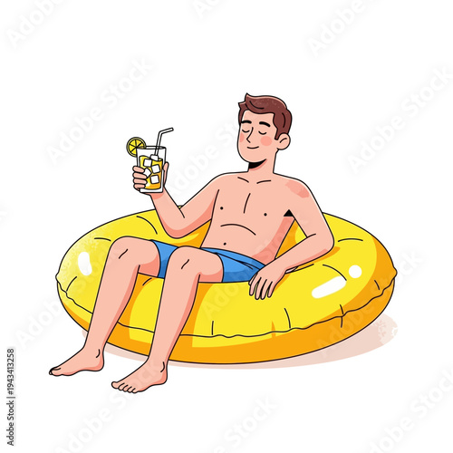 Man relaxing on inflatable ring with drink in swimming pool, summer vacation