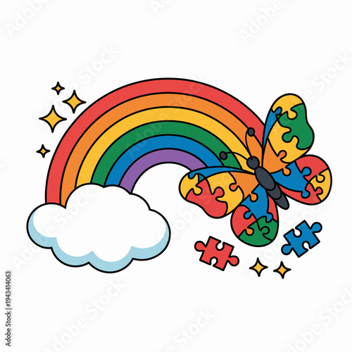 A rainbow arcs , ending in a fluffy cloud. A butterfly made of colorful puzzle pieces flutters nearby.