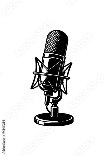 Professional Studio Condenser Microphone Vector Illustration with Shock Mount and Desk Stand, Perfect for High-Quality Voice Recording, Podcasting, Broadcasting, Music Production, and Live Streaming.