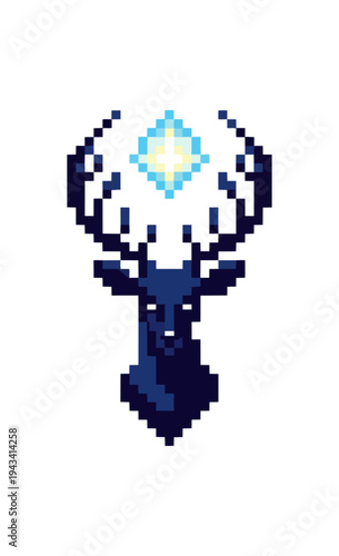 Pixelated deer silhouette with celestial symbol on black background
