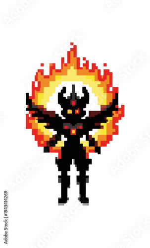 Pixelated figure enveloped in flames on black background