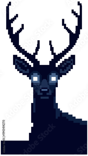 Pixelated deer silhouette with glowing eyes isolated on black background
