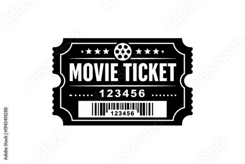 Classic vintage black and white movie ticket icon vector illustration, perfect for cinema admission, film entertainment, and theatrical events. Features a retro design with a film reel symbol, stars,