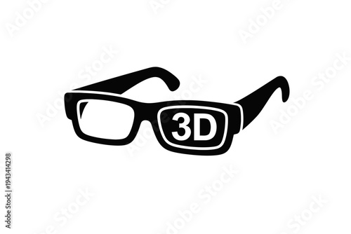 Minimalist black 3D glasses icon on a clean white background, featuring prominent '3D' text on the right lens. This sleek vector graphic is perfect for movie theaters, immersive entertainment, virtual