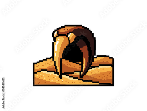 Pixelated walrus tusk emerging from sand dune on black background