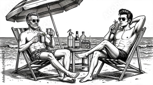 Two Men Relaxing in Beach Chairs with Cocktails Under Umbrella, Retro Summer Scene, Sketch Engraving Raster Illustration, Generative AI