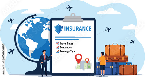 Travel insurance illustration with clipboard checklist, globe, airplanes, suitcases, and people highlighting coverage, destination, and travel preparation concepts