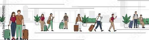 Illustrated airport terminal scene with diverse travelers carrying luggage, walking, waiting, and conversing in a modern transportation hub setting