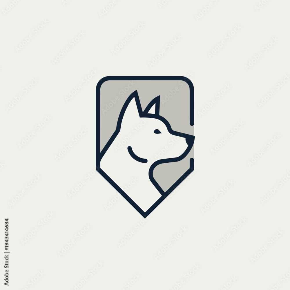 Fototapeta premium Modern minimalist logo of a dog's head inside a shield shape, vector illustration