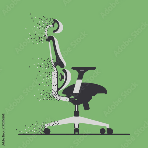 Office chair dissolving into particles, concept of work burnout, stress, or change