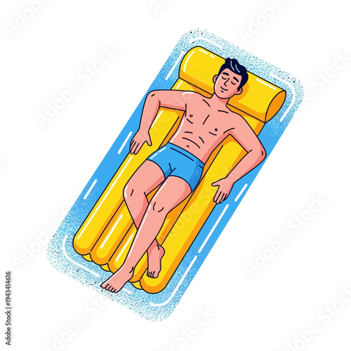 Man relaxing on yellow inflatable mattress in blue water, summer vacation, top view