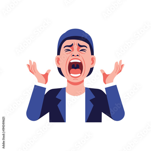 Man screaming in frustration, hands up in despair, isolated on white background